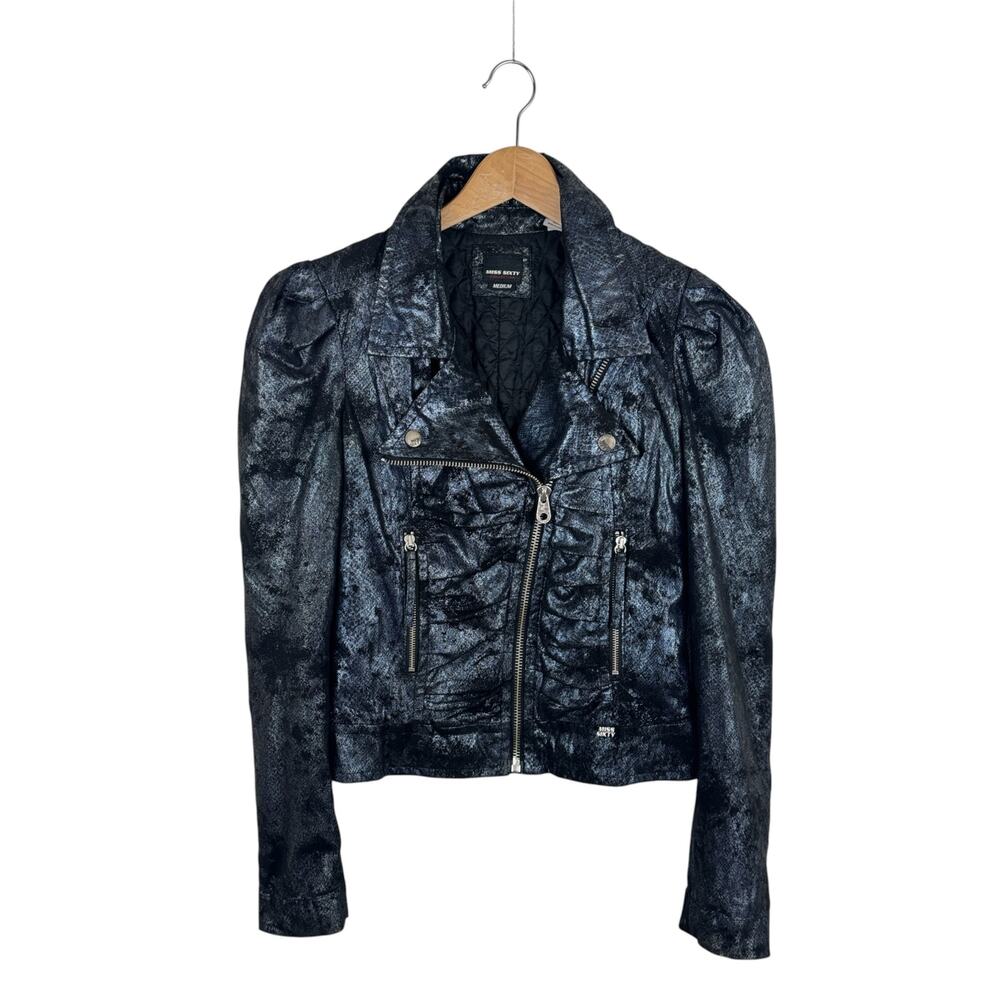 Y2K Miss Sixty Blue Metallic Moto Jacket